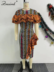 African Festival Print Midi Dress – Elegant Short Sleeve Ruffle Bodycon Summer Outfit