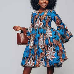 Women’s Ankara Print Maxi Dress – Traditional African V - Neck Dress with Ruffle Sleeves - Free Delivery Worldwide only at Flexi Africa