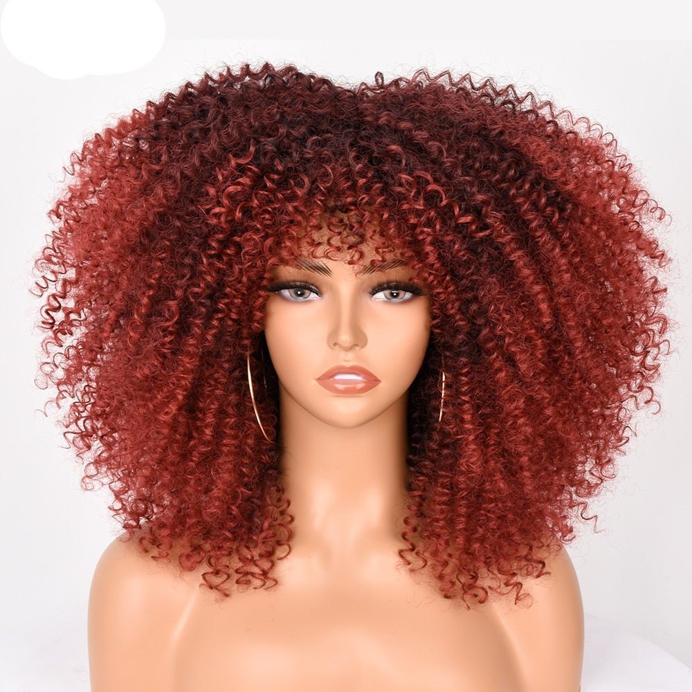 16" Short Kinky Curly Wig with Bangs Natural Synthetic Afro Hair Black Women - Free Delivery Worldwide only at Flexi Africa