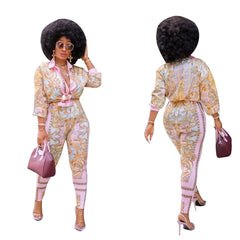 2PC African Pink Print Elastic Bazin Baggy Pants and Dashiki Suit Set - Free Delivery Worldwide only at Flexi Africa