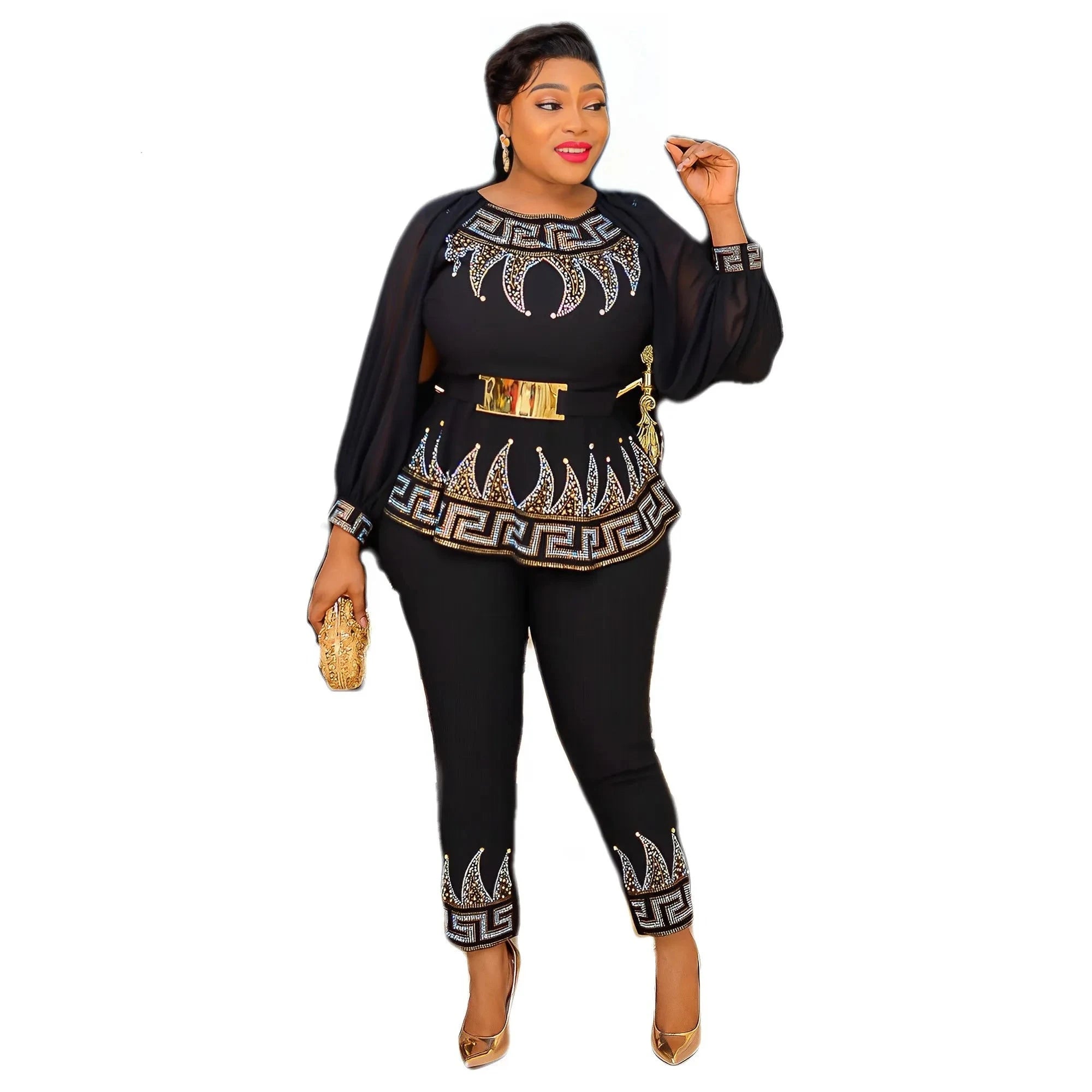 3PC Stunning Fashion Rhinestone Waist Top with Slim Fit Pants Set and Belt - Flexi Africa - Free Delivery www.flexiafrica.com