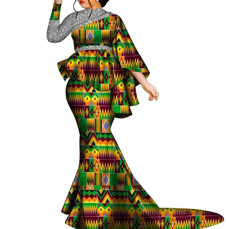 Buy African Bazin Riche Floral Printed 2PC Set – Irregular Bat Sleeve Top & Long Skirt Elegant Party Outfit for Women