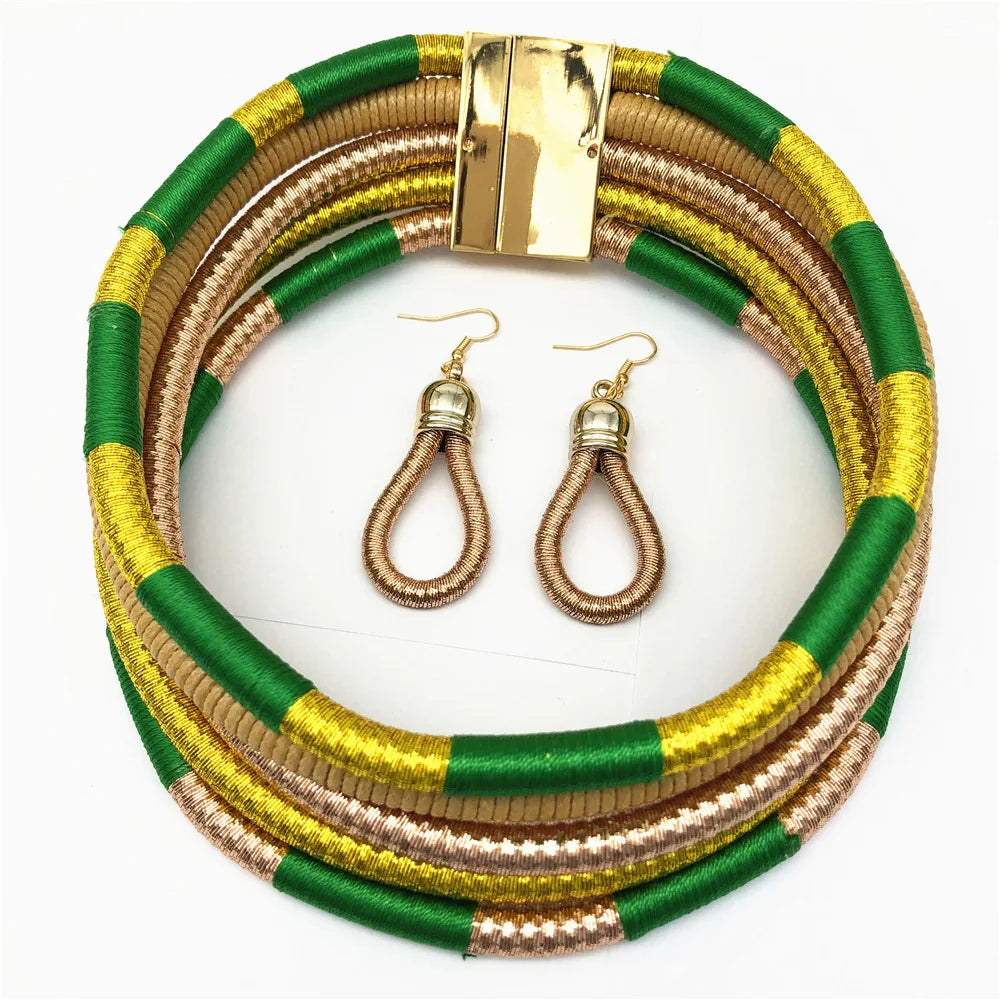 Colorful Rope Weave African Necklaces: Multilayer Tribal Choker Earrings Set - Flexi Africa - Flexi Africa offers Free Delivery Worldwide - Vibrant African traditional clothing showcasing bold prints and intricate designs