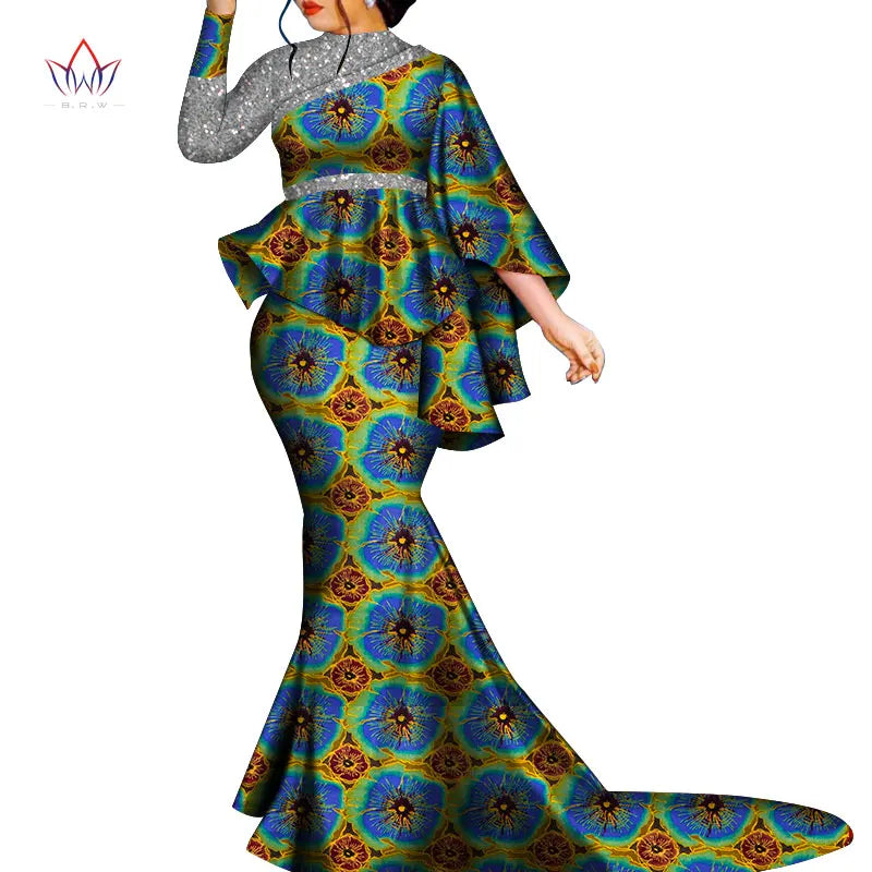 Buy African Bazin Riche Floral Printed 2PC Set – Irregular Bat Sleeve Top & Long Skirt Elegant Party Outfit for Women