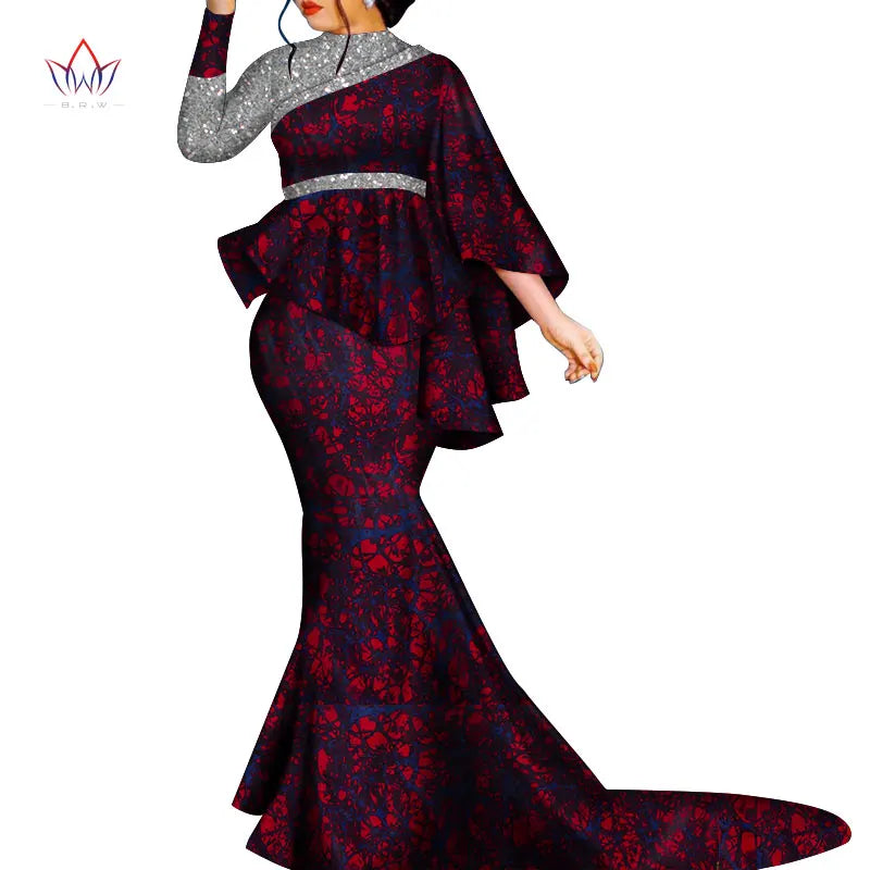 Buy African Bazin Riche Floral Printed 2PC Set – Irregular Bat Sleeve Top & Long Skirt Elegant Party Outfit for Women