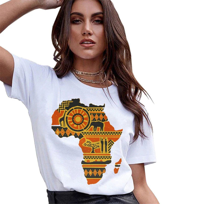 Vintage African Inspired 90s Tees: Short Sleeve Graphic Women's T-Shirt - Flexi Africa - Flexi Africa offers Free Delivery Worldwide - Vibrant African traditional clothing showcasing bold prints and intricate designs