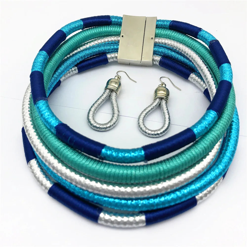 Colorful Rope Weave African Necklaces: Multilayer Tribal Choker Earrings Set - Flexi Africa - Flexi Africa offers Free Delivery Worldwide - Vibrant African traditional clothing showcasing bold prints and intricate designs