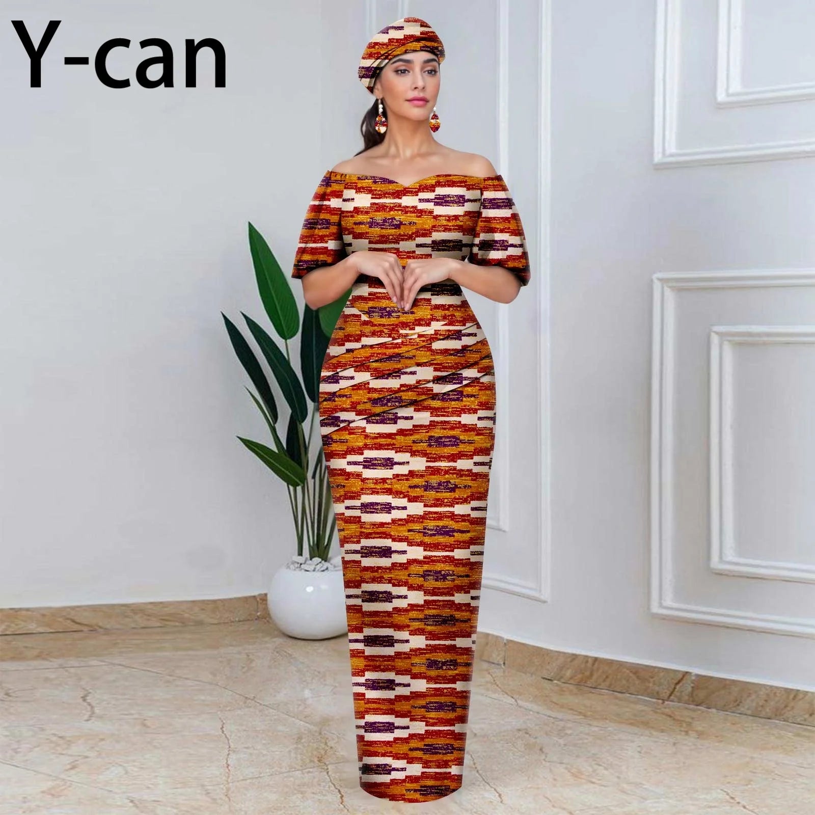 Elegant African Off-Shoulder Maxi Dress with Matching Headscarf & Earrings