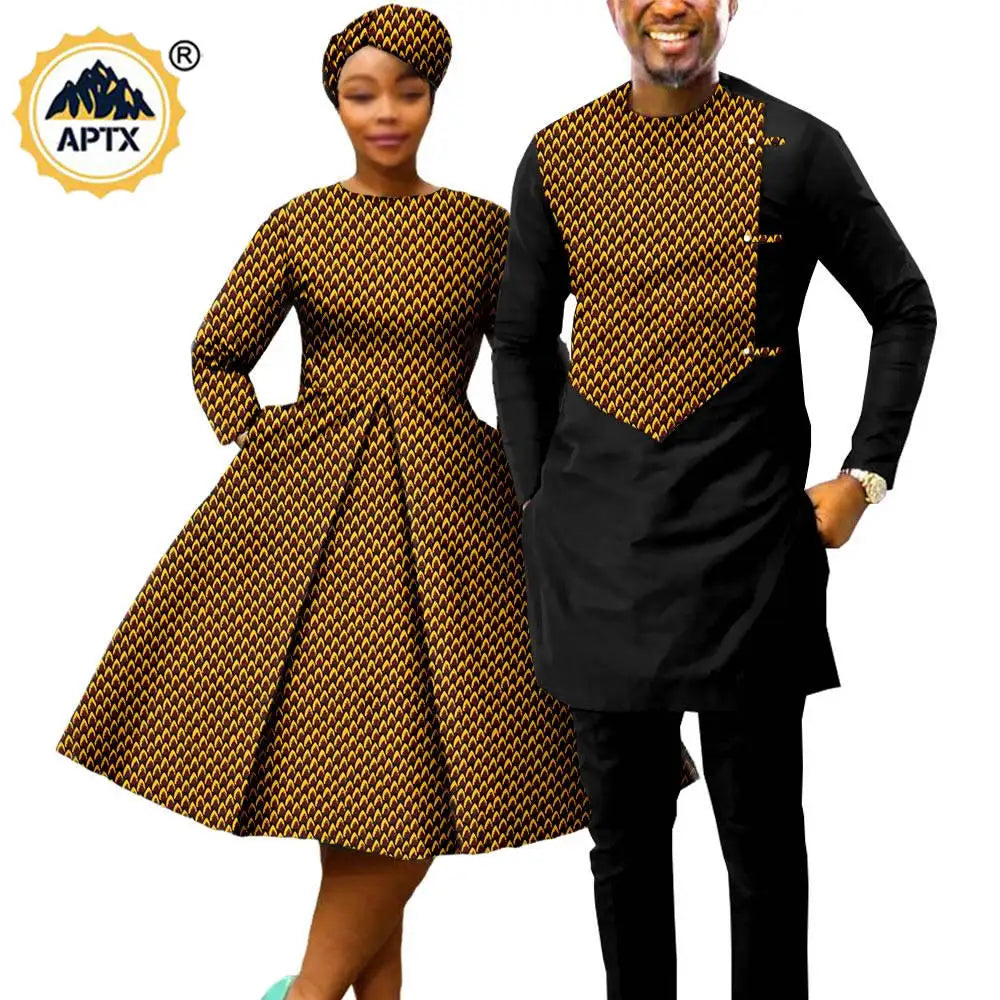 African Print Couples Clothing – Women’s Dress with Headwrap and Men’s Patchwork Top and Pants