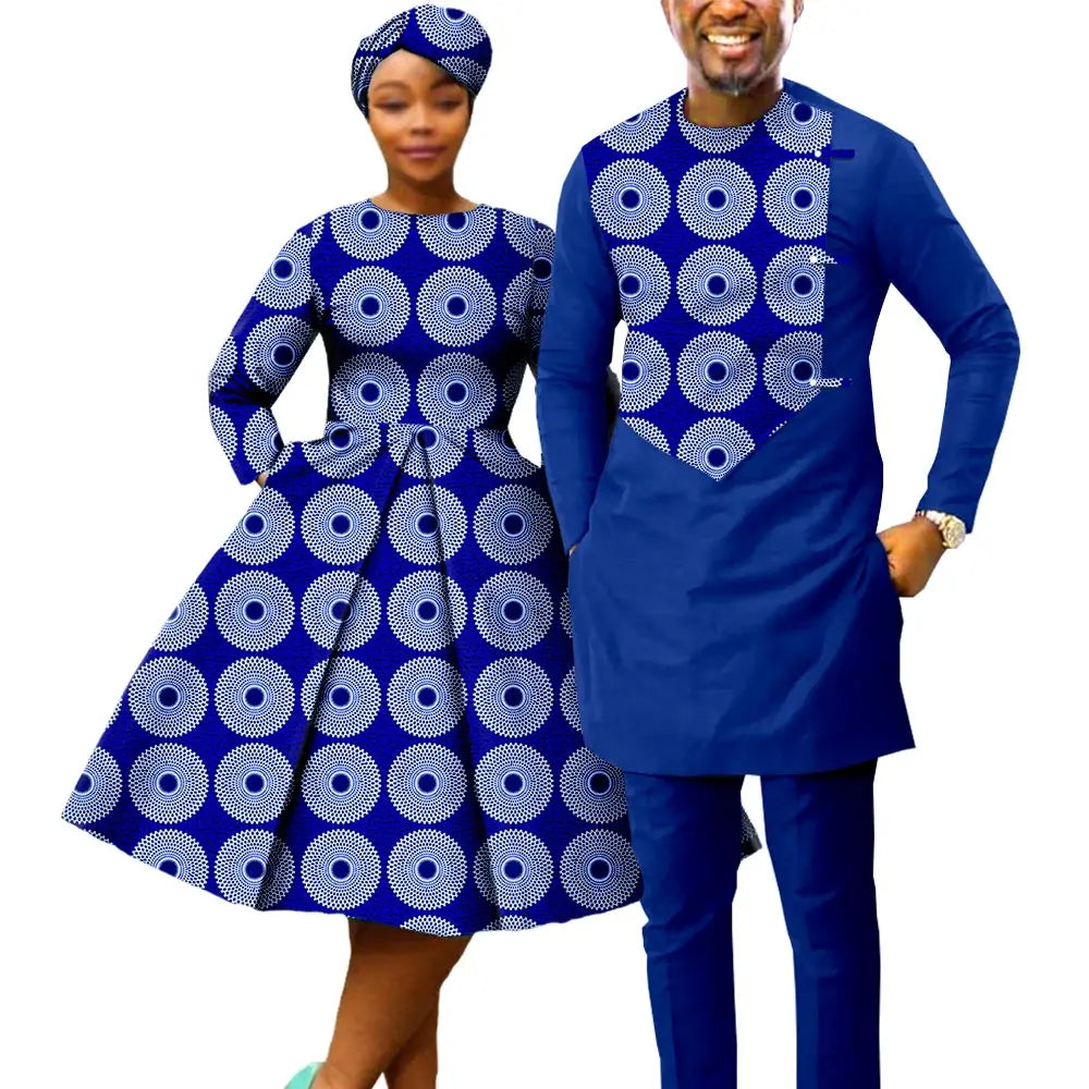 African Print Couples Clothing – Women’s Dress with Headwrap and Men’s Patchwork Top and Pants - Free Delivery Worldwide