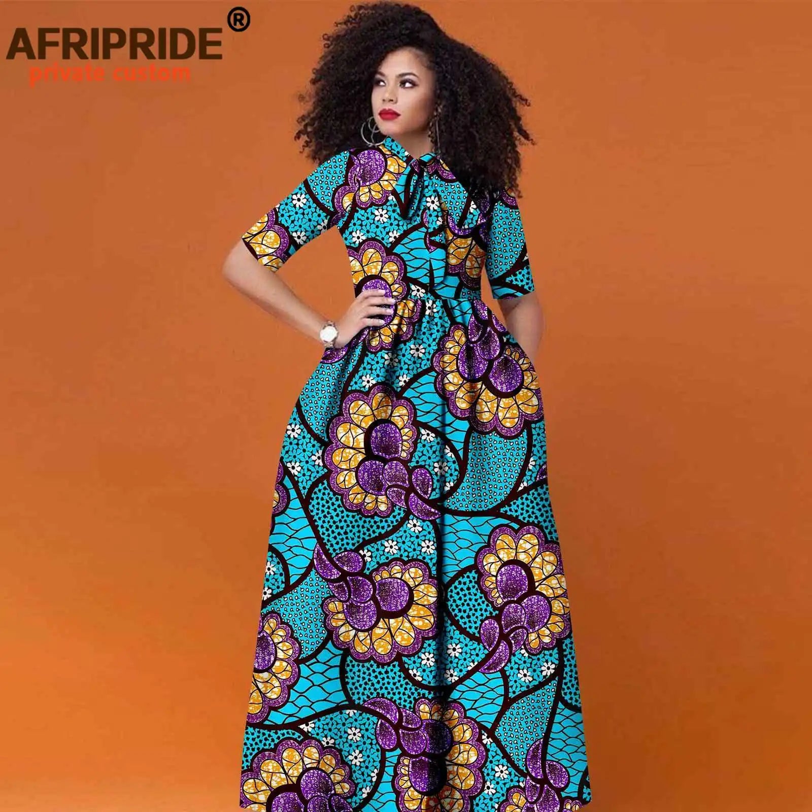 Women’s African Print Maxi Dress – Traditional High Waist Ankara Half Sleeve Attire