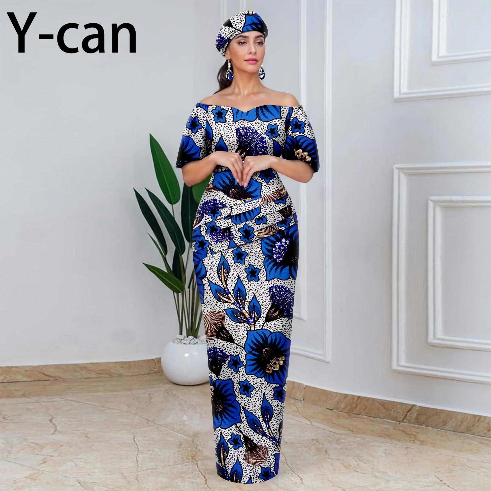 Elegant African Off-Shoulder Maxi Dress with Matching Headscarf & Earrings
