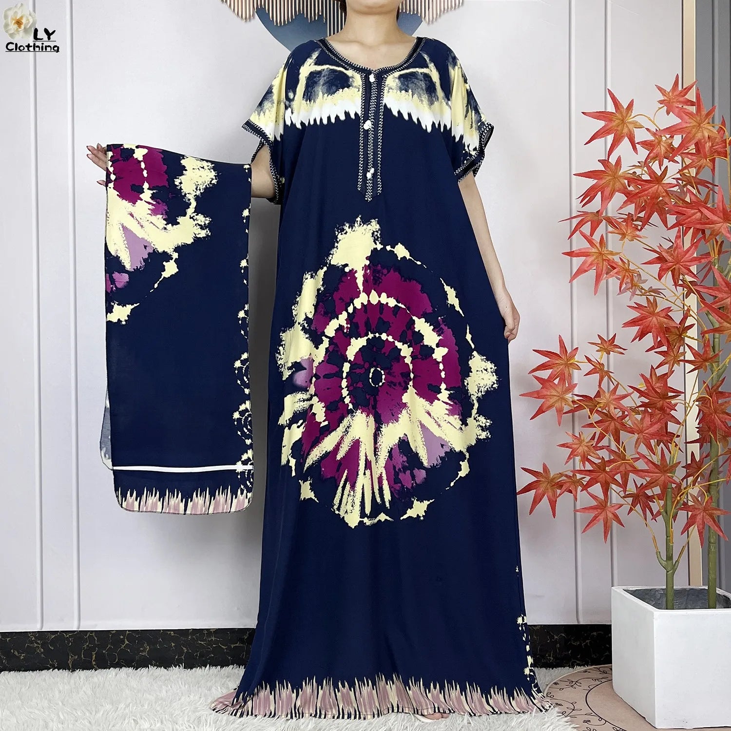 Elegant African Style Cotton Abaya Dress for Women with Patterned Print - Loose Fit Short Sleeve Muslim Rob