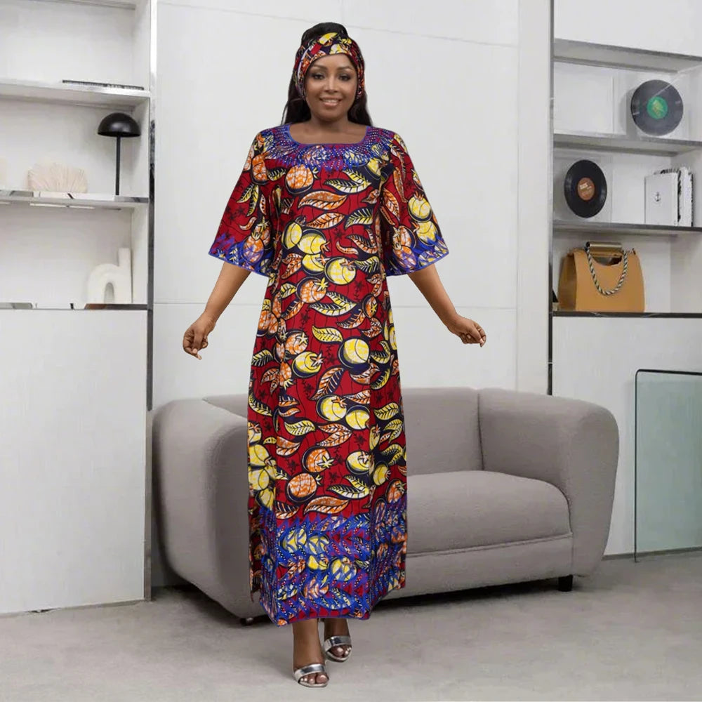 African Embroidered Bazin Dress for Women – Floral Boho Ankara Long Robes - Free Delivery Worldwide only at Flexi Africa