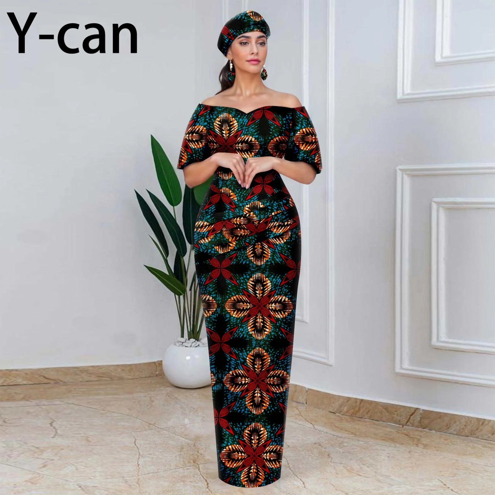 Elegant African Off-Shoulder Maxi Dress with Matching Headscarf & Earrings