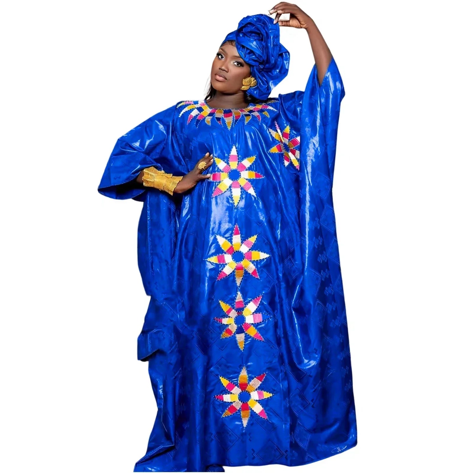 Traditional Bazin Embroidery African Dresses for Couples: Floor-Length Dress Ensemble with Matching Scarf - Flexi Africa - Flexi Africa offers Free Delivery Worldwide - Vibrant African traditional clothing showcasing bold prints and intricate designs