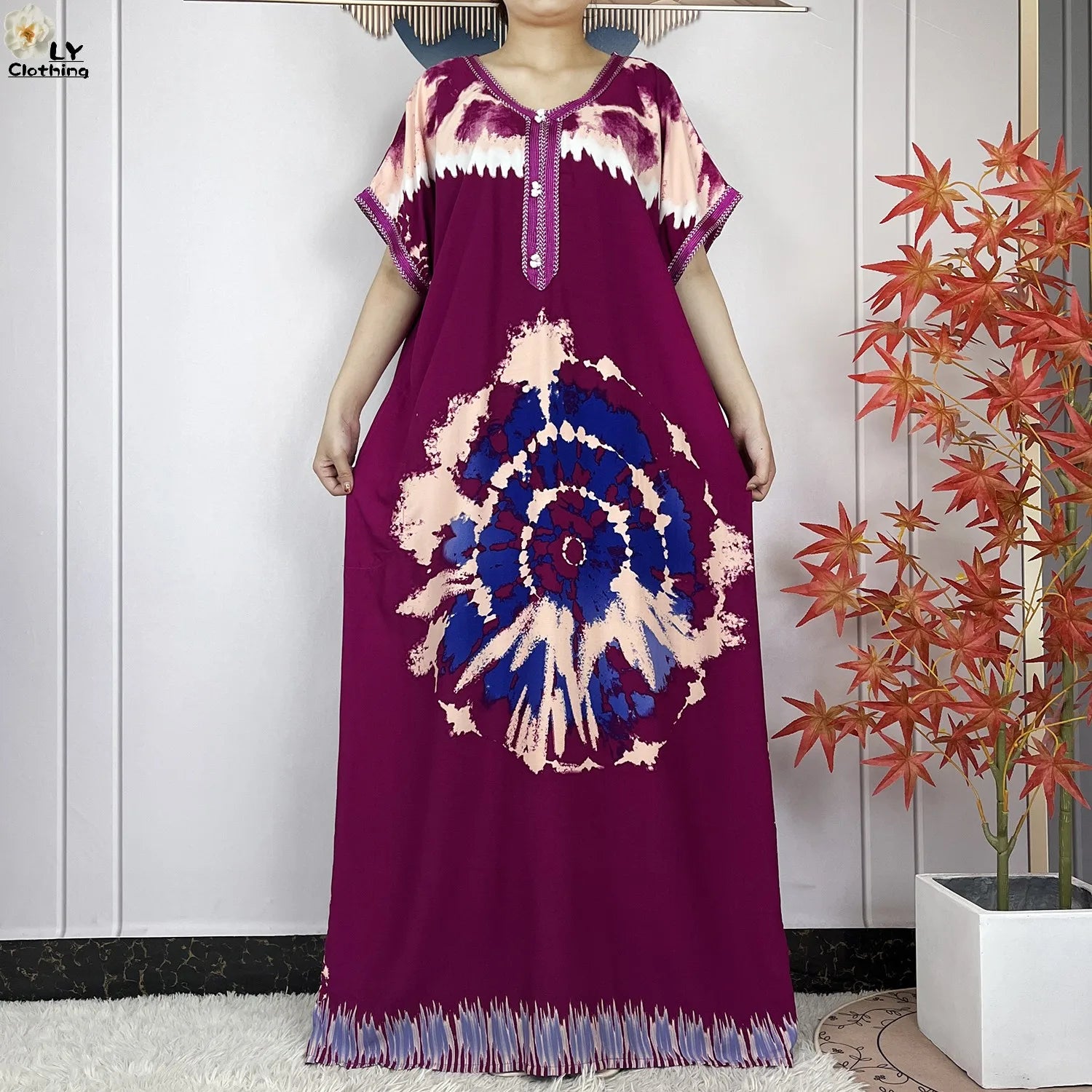 Elegant African Style Cotton Abaya Dress for Women with Patterned Print - Loose Fit Short Sleeve Muslim Rob