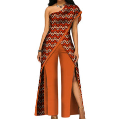 2PC African Women’s Ankara Pant Set – Stylish Off-Shoulder Top and Trousers