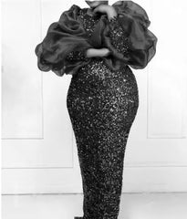 African Long Sleeve Maxi Dress for Women – Sequin Detail, Black & Red, Sizes S-3XL