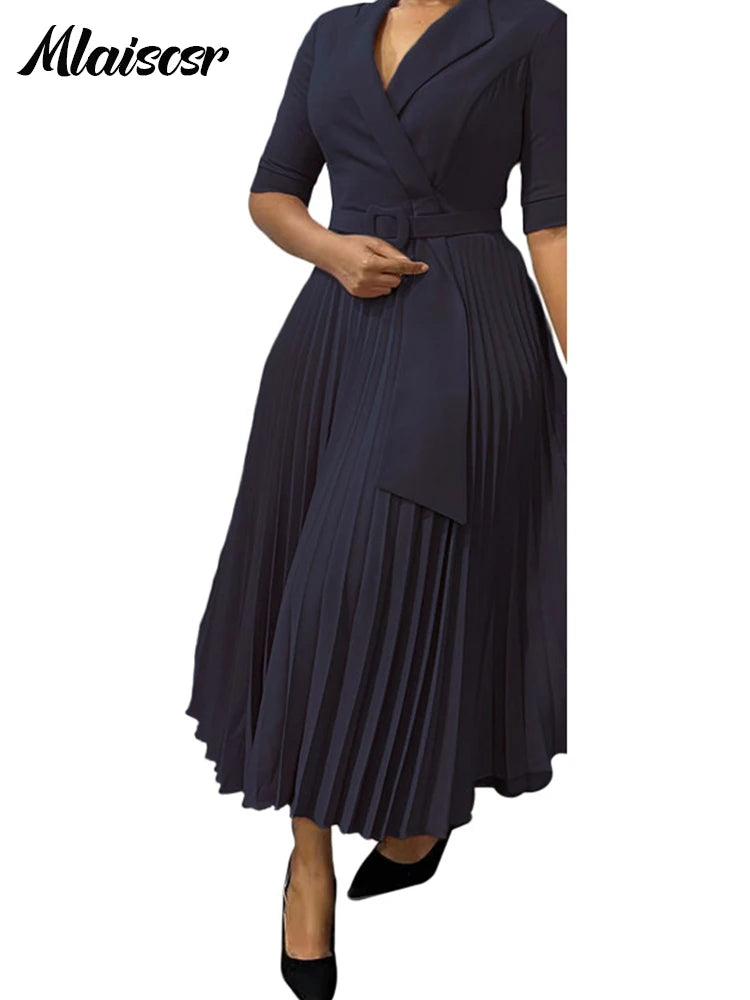 African Pleated A-Line Dress for Women – V-Neck High-Waist Office Dress with Belt