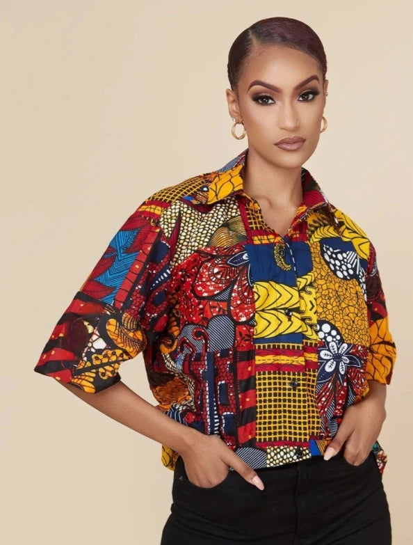 Summer Fashion: African Print Short Sleeve T-shirt for Women - Flexi Africa - Flexi Africa offers Free Delivery Worldwide - Vibrant African traditional clothing showcasing bold prints and intricate designs