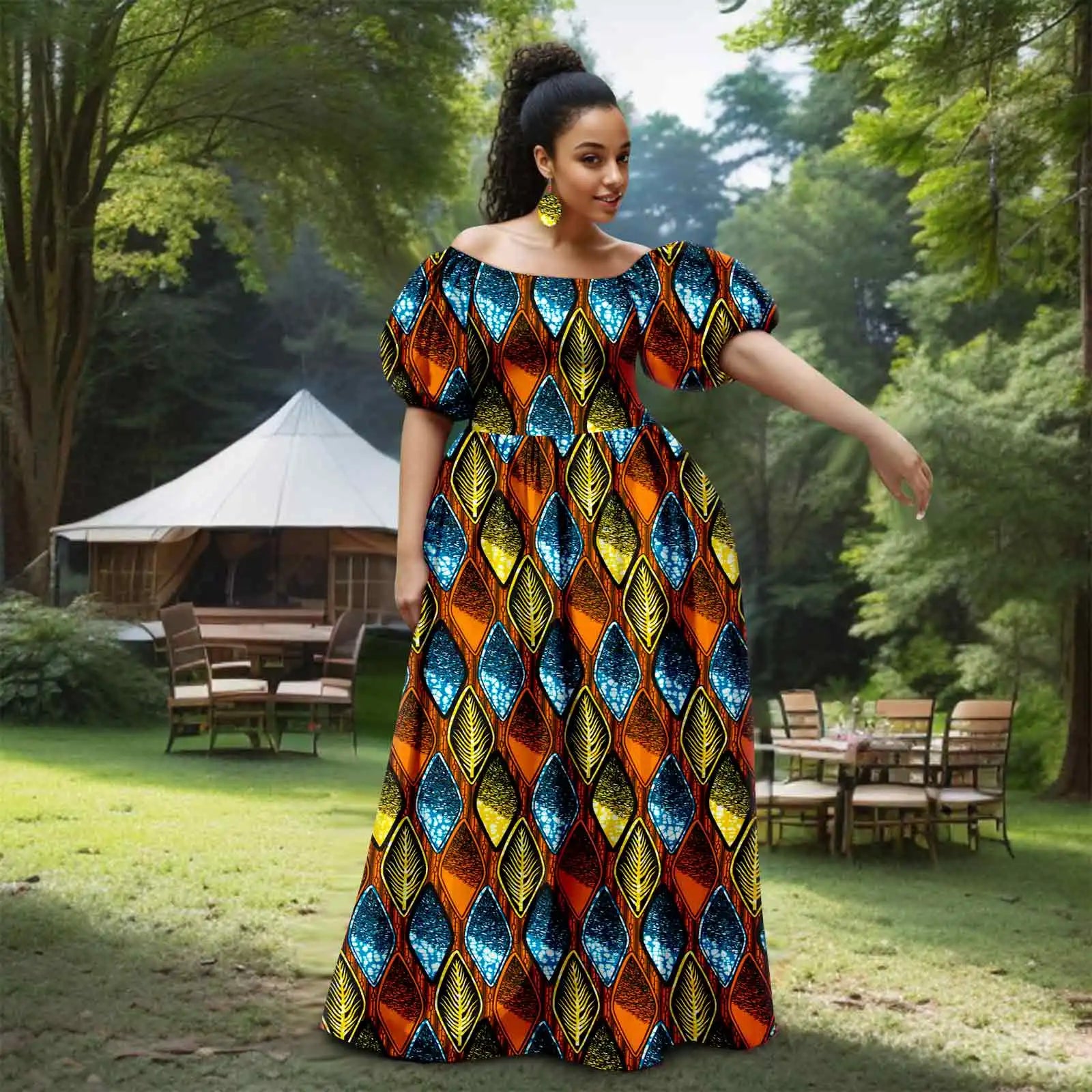 African Women’s Strapless Dress with Bubble Sleeves & Matching Earrings