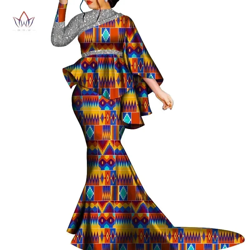 Buy African Bazin Riche Floral Printed 2PC Set – Irregular Bat Sleeve Top & Long Skirt Elegant Party Outfit for Women