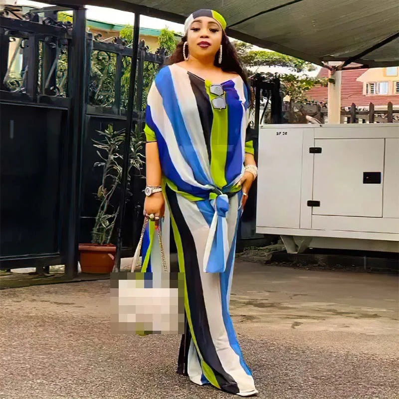 Summer Chic: African Chiffon 2PC Sets for Women – Dashiki Top and Pants Suit, Perfect for Parties and Street Casual Looks - Flexi Africa - Flexi Africa offers Free Delivery Worldwide - Vibrant African traditional clothing showcasing bold prints and intricate designs