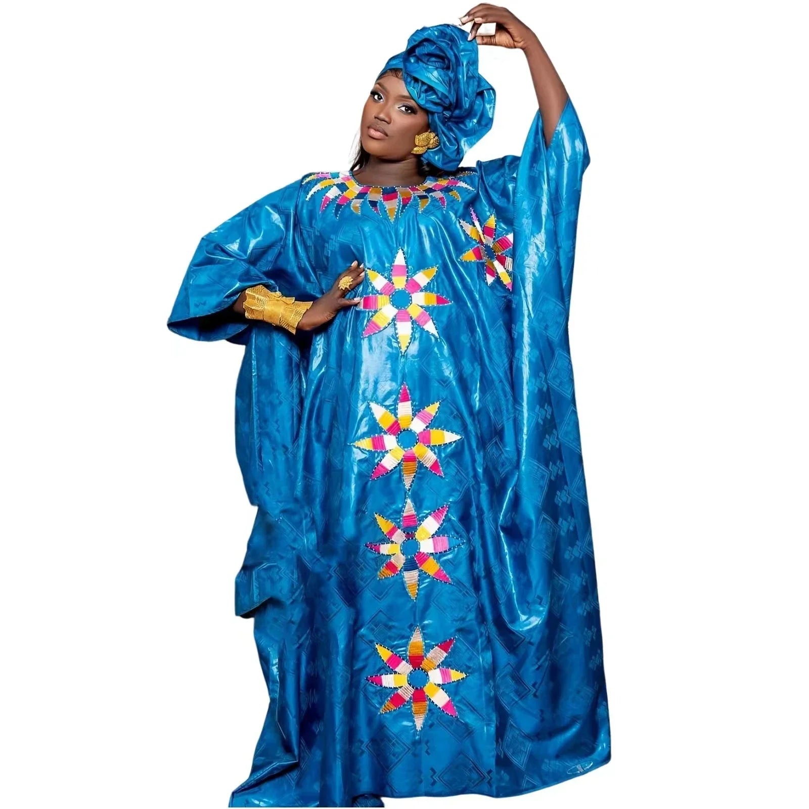 Traditional Bazin Embroidery African Dresses for Couples: Floor-Length Dress Ensemble with Matching Scarf - Flexi Africa - Flexi Africa offers Free Delivery Worldwide - Vibrant African traditional clothing showcasing bold prints and intricate designs