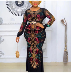 Velvet African Dresses for Women: Summer Fashion Long Sleeve O - Neck Maxi Dress with Matching Headtie - Free Delivery Worldwide only at Flexi Africa