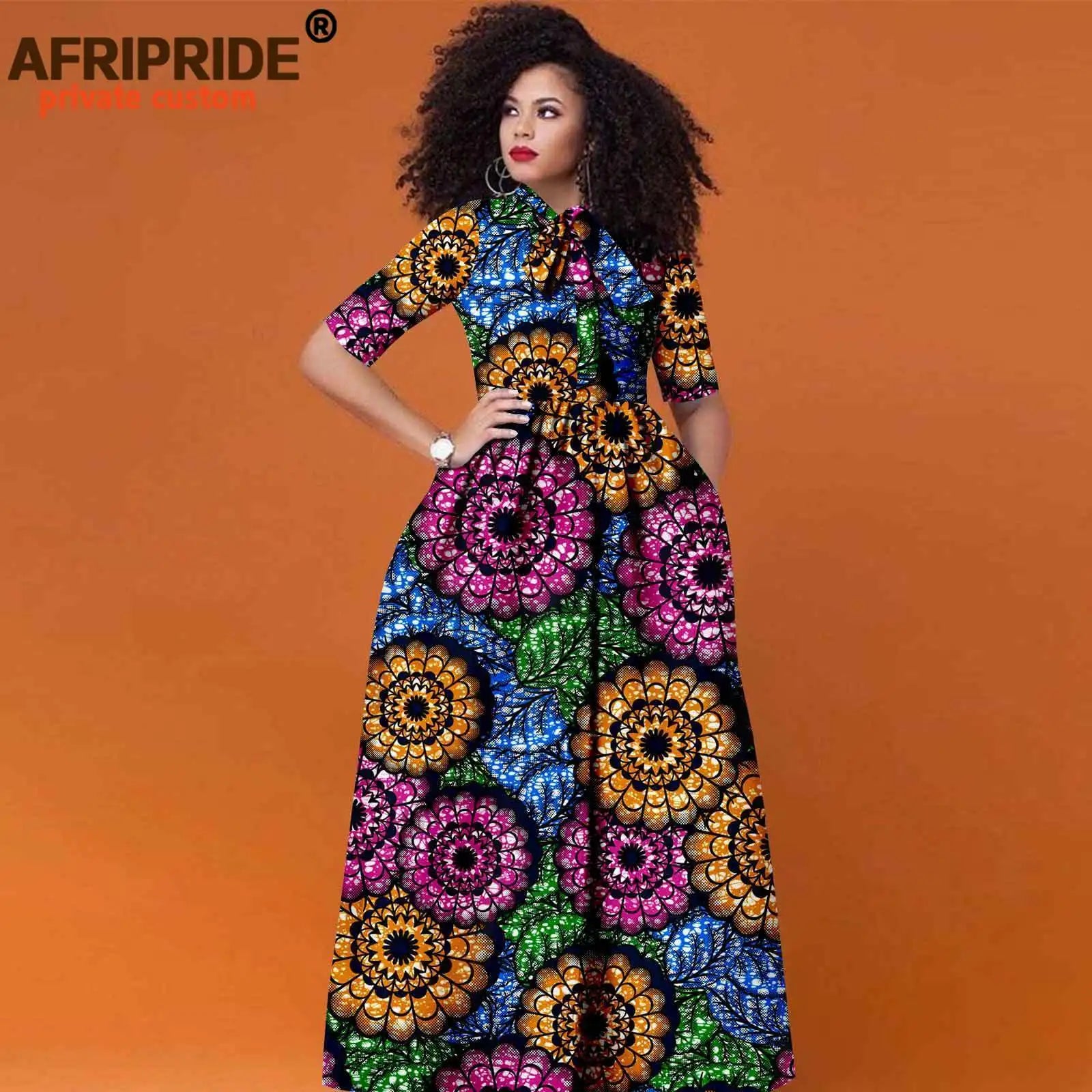 Women’s African Print Maxi Dress – Traditional High Waist Ankara Half Sleeve Attire