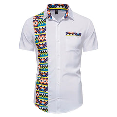 Summer Style: Men's White African Dashiki Print Shirt - Short Sleeve Casual Streetwear - Flexi Africa - Flexi Africa offers Free Delivery Worldwide - Vibrant African traditional clothing showcasing bold prints and intricate designs