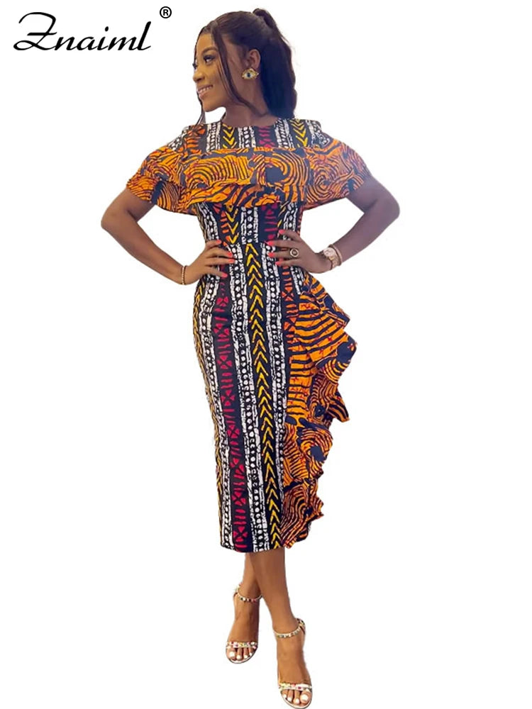 African Festival Print Midi Dress – Elegant Short Sleeve Ruffle Bodycon Summer Outfit
