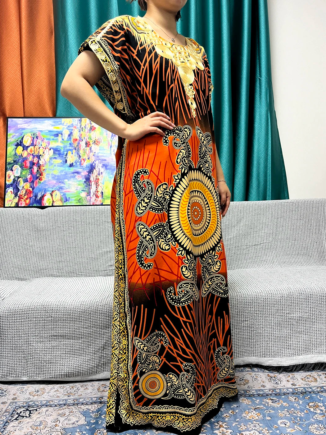 Women New Print Appliques Cotton Traditional Kanga Clothing Loose Femme Robe African Nigeria Dresses With Turban - Flexi Africa - Flexi Africa offers Free Delivery Worldwide - Vibrant African traditional clothing showcasing bold prints and intricate designs