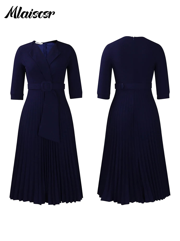 African Pleated A-Line Dress for Women – V-Neck High-Waist Office Dress with Belt