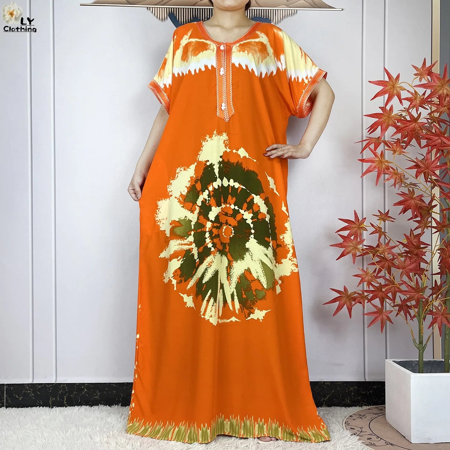 Elegant African Style Cotton Abaya Dress for Women with Patterned Print - Loose Fit Short Sleeve Muslim Rob