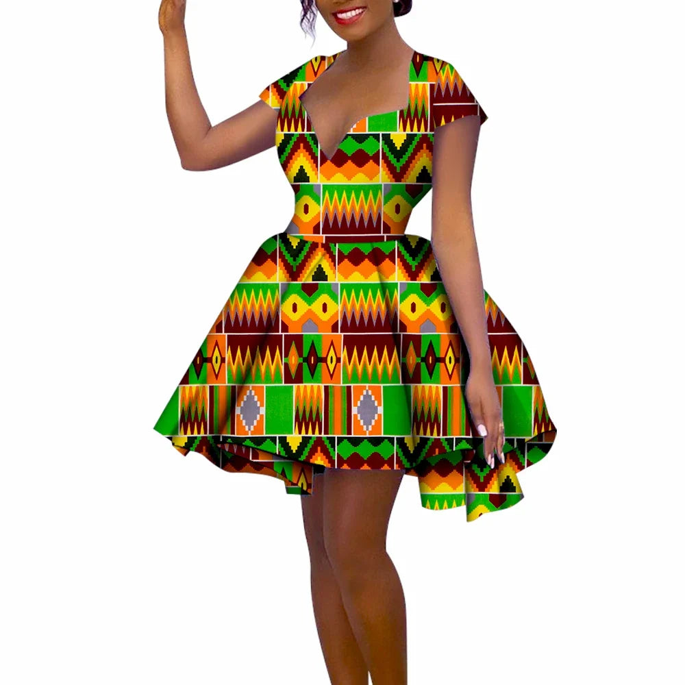 African Women’s Summer Dress – Short Sleeve Ankara Dashiki Print Ball Gown