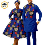 African Print Couples Clothing – Women’s Dress with Headwrap and Men’s Patchwork Top and Pants - Free Delivery Worldwide