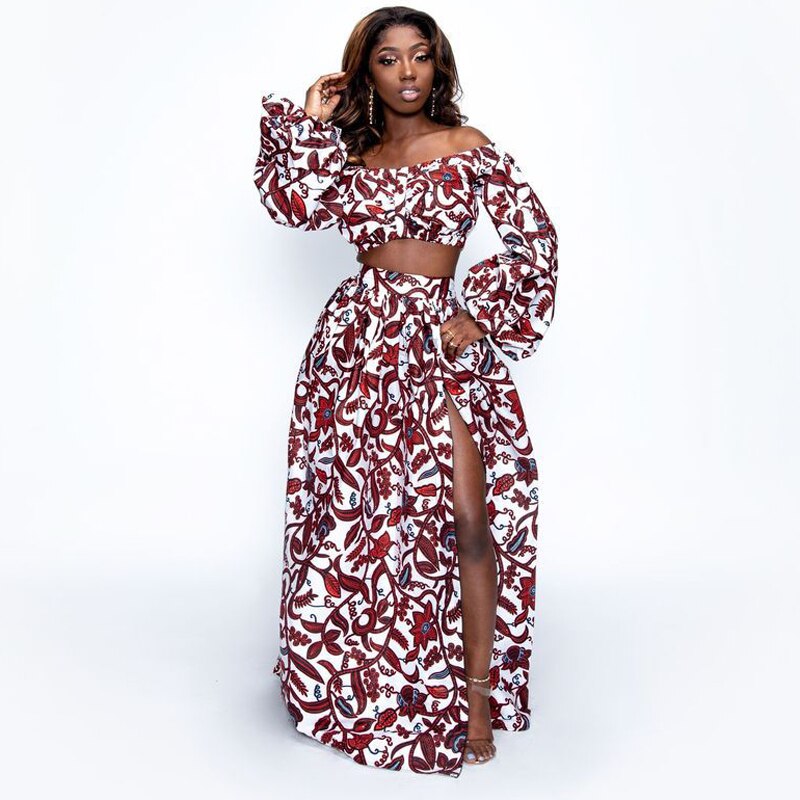 Vintage Africa National Print Two-Piece Set - Elegant Women's Slash-Neck Blouse Top and High Slit Skirt - Flexi Africa - Flexi Africa offers Free Delivery Worldwide - Vibrant African traditional clothing showcasing bold prints and intricate designs