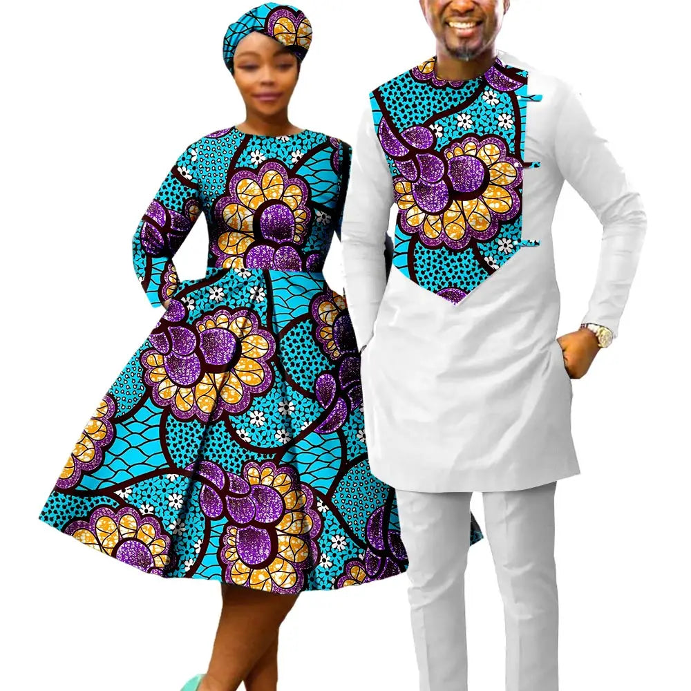 African Print Couples Clothing – Women’s Dress with Headwrap and Men’s Patchwork Top and Pants - Free Delivery Worldwide