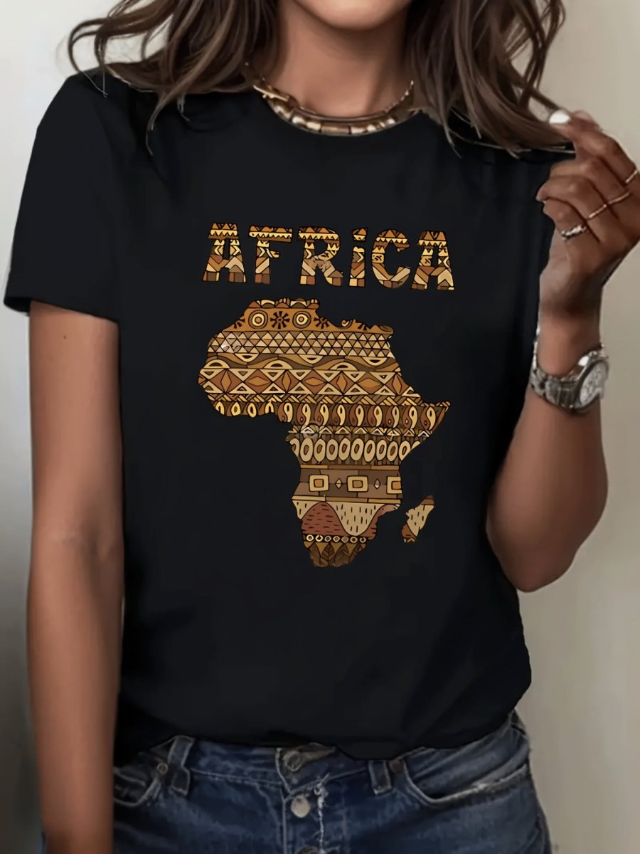 Africa Map Print T-Shirt for Women - Spandex Blend, Casual Sporty Style, Crew Neck, Slight Stretch, Knit Fabric, Short Sleeve Top Suitable for All Seasons - Free Delivery Worldwide only at Flexi Africa