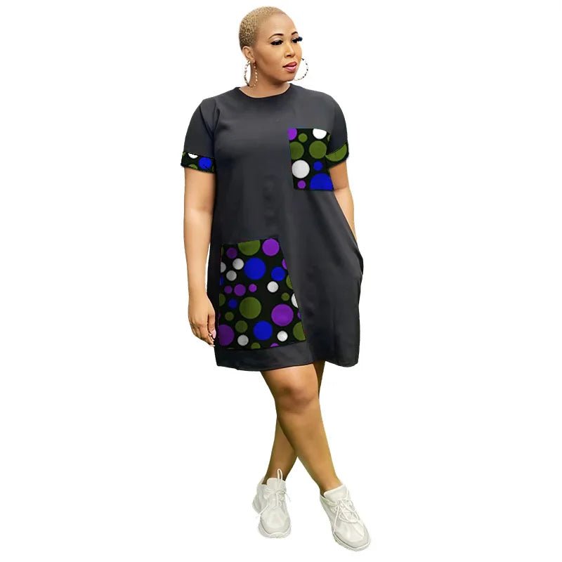 African Ankara Couture Black Dress for Women – O - Neck Short Sleeve Design - Free Delivery Worldwide only at Flexi Africa