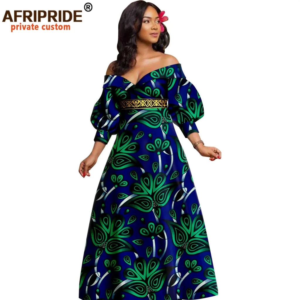 African Ankara Off Shoulder Maxi Dress – Deep V - Neck High Waist Long Dress - Free Delivery Worldwide only at Flexi Africa