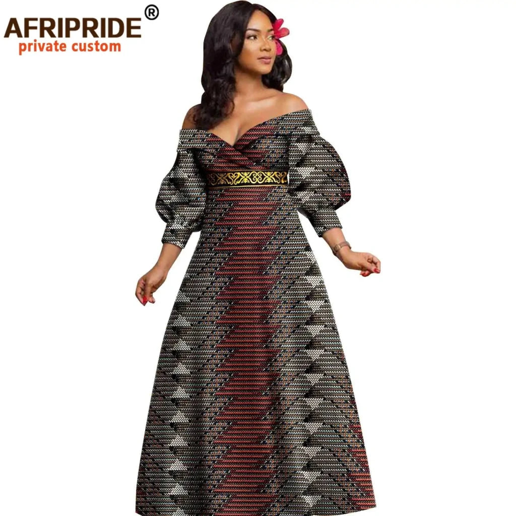 African Ankara Off Shoulder Maxi Dress – Deep V - Neck High Waist Long Dress - Free Delivery Worldwide only at Flexi Africa