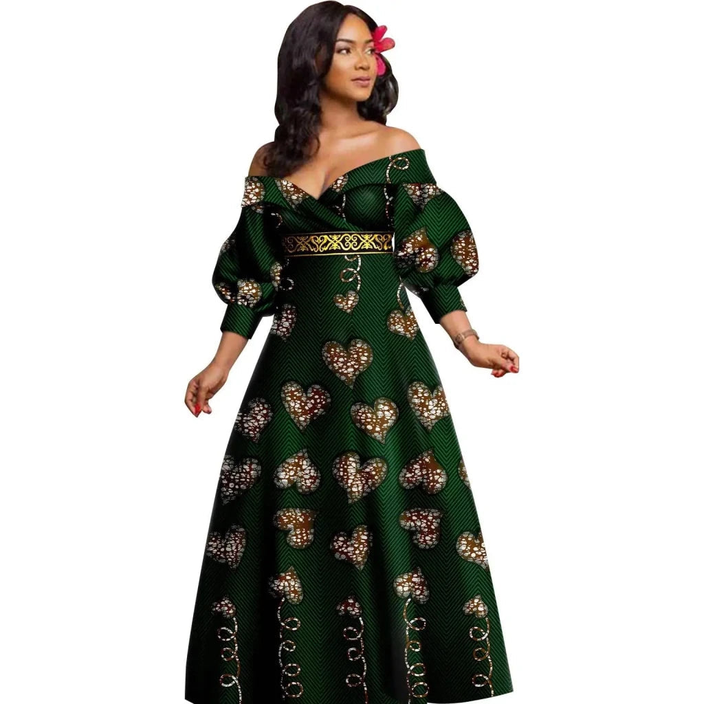 African Ankara Off Shoulder Maxi Dress – Deep V - Neck High Waist Long Dress - Free Delivery Worldwide only at Flexi Africa