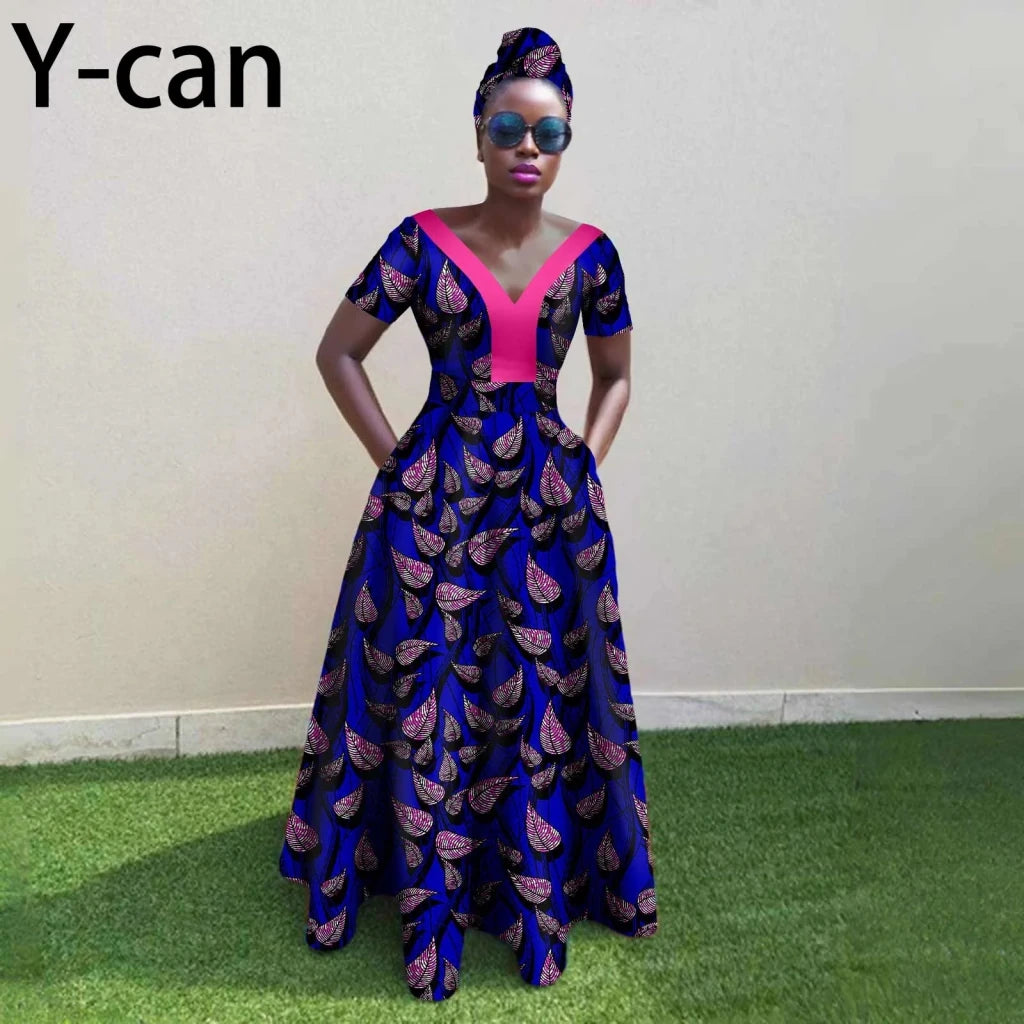 African Ankara Patchwork A - Line Dress – Women’s V - Neck Short Sleeve Party Dress with Headscarf - Free Delivery Worldwide only at Flexi Africa