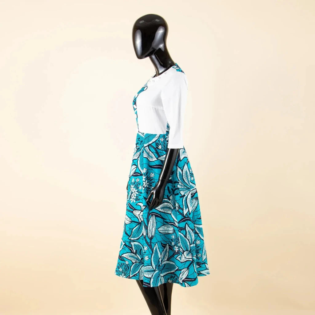 African Ankara Print Dress for Women – O - Neck Three - Quarter Sleeve Mid - Calf Dashiki Dress - Free Delivery Worldwide only at Flexi Africa