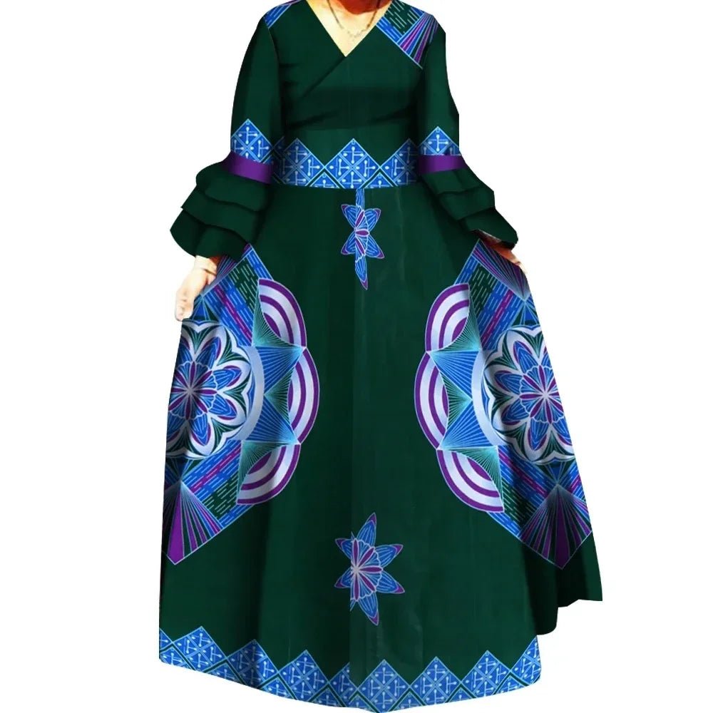 African Ankara Print Long Dress for Women – Draped Bazin Riche Dashiki Style - Free Delivery Worldwide only at Flexi Africa