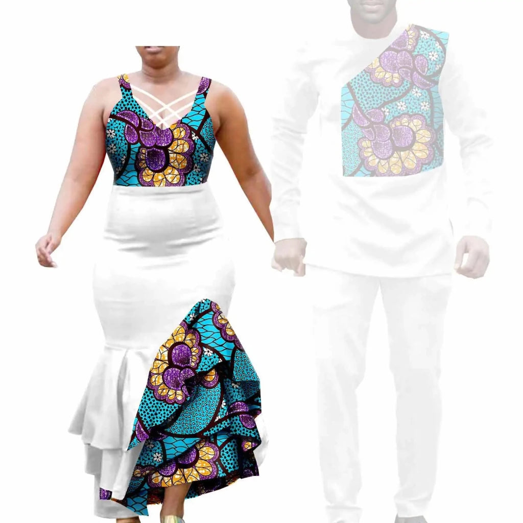 African Clothes for Couple Print Long Dresses for Women Dashiki Men Outfits Shirts and Pants 2 Piece Sets for Wedding A21C005 - Free Delivery Worldwide only at Flexi Africa