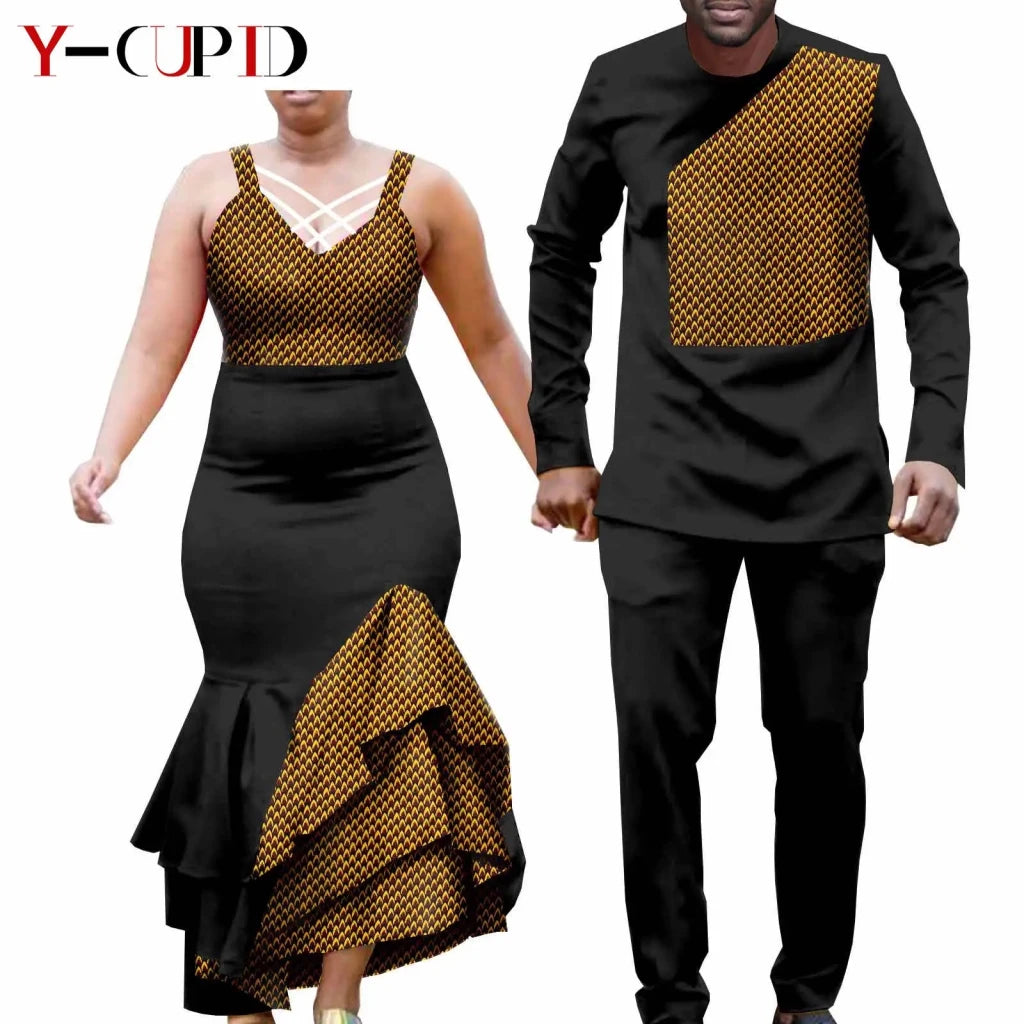African Clothes for Couple Print Long Dresses for Women Dashiki Men Outfits Shirts and Pants 2 Piece Sets for Wedding A21C005 - Free Delivery Worldwide only at Flexi Africa